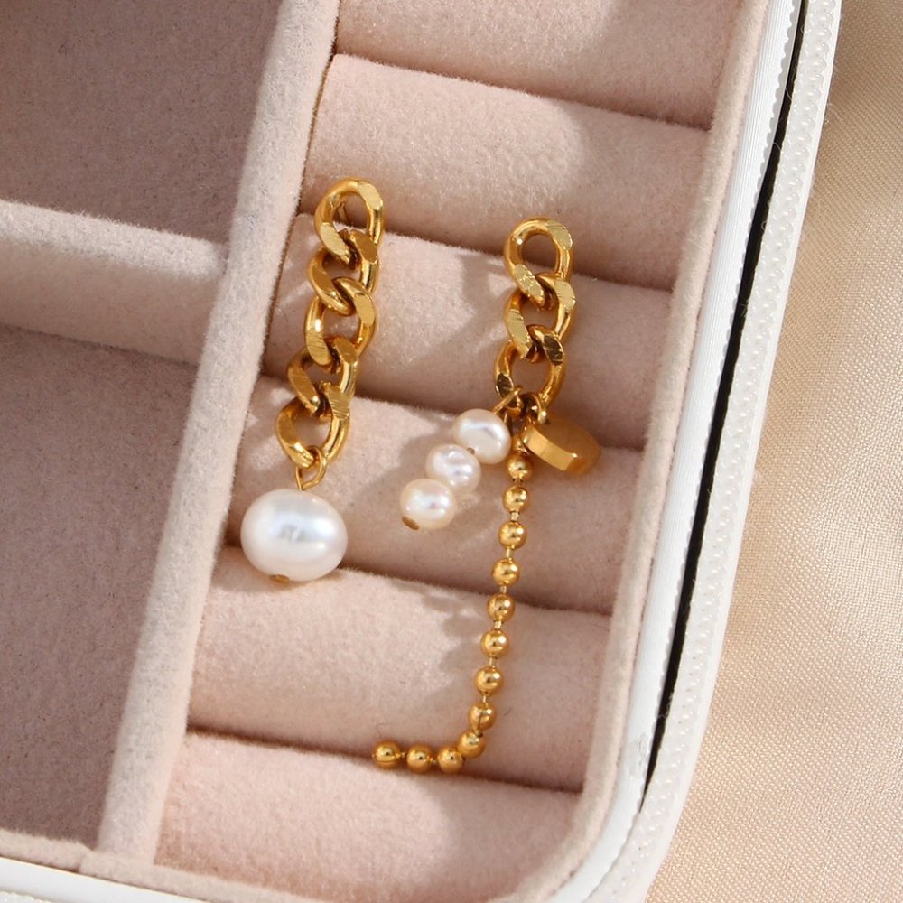 Asymmetrical Dainty Drop Pearl Earrings 18K Gold Plated Stainless Steel - Picture 3 of 11